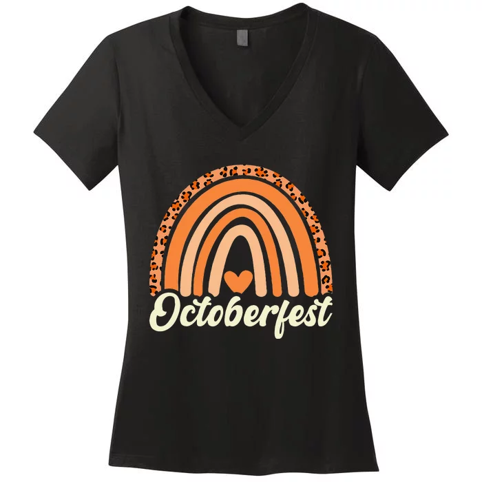 Octoberfest Leopard Rainbow Funny German Bavarian Costume Women's V-Neck T-Shirt