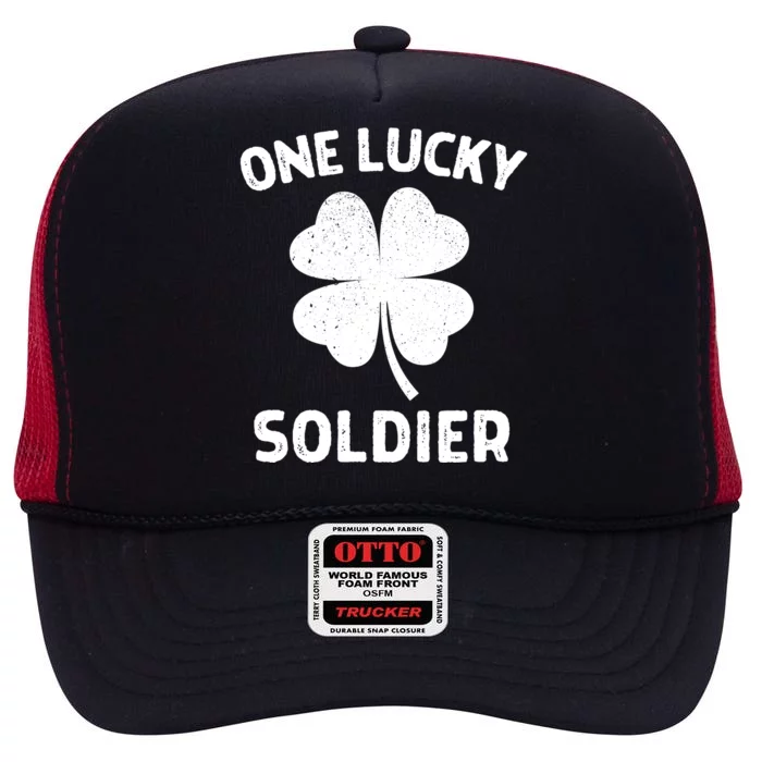 One Lucky Soldier St Patricks Day Green Shamrock Leaf High Crown Mesh Trucker Hat