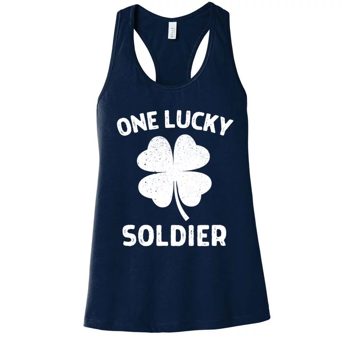 One Lucky Soldier St Patricks Day Green Shamrock Leaf Women's Racerback Tank