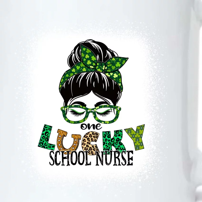 One Lucky School Nurse Bleached Messy Bun St Patricks Day Gift Black Color Changing Mug