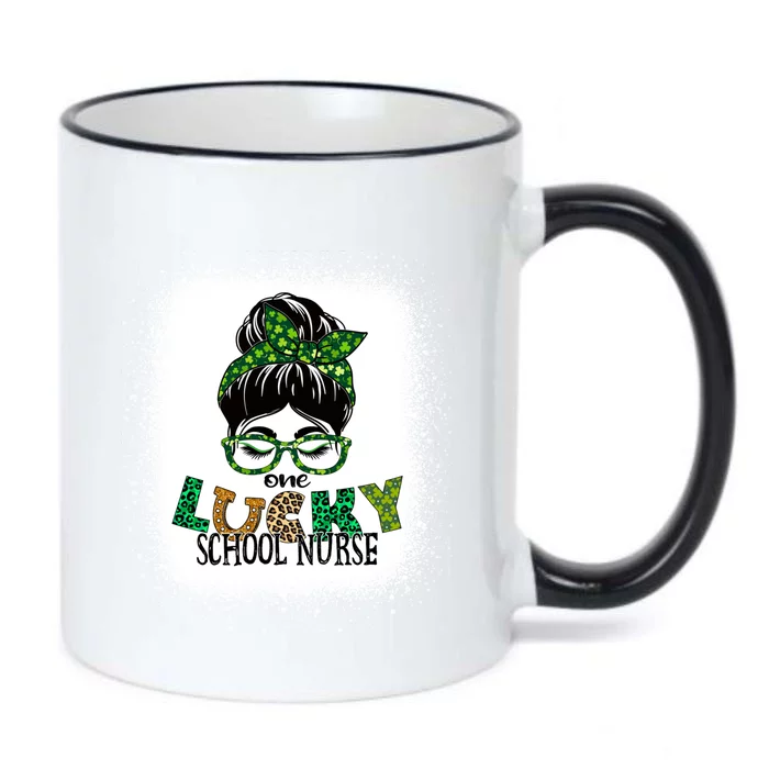 One Lucky School Nurse Bleached Messy Bun St Patricks Day Gift Black Color Changing Mug