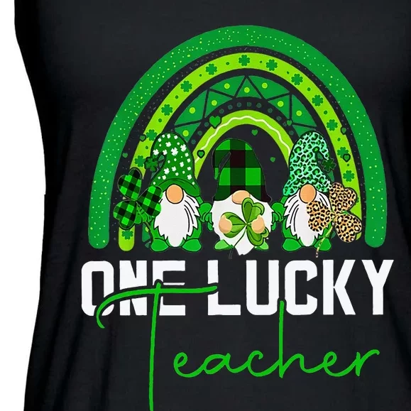 One Lucky Teacher Irish Gnome Leopard Patricks Day Ladies Essential Flowy Tank