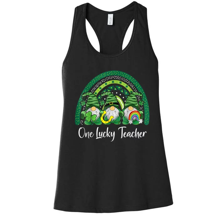 One Lucky Teacher Gnomes Happy St Patricks Day Rainbow Gnome Women's Racerback Tank