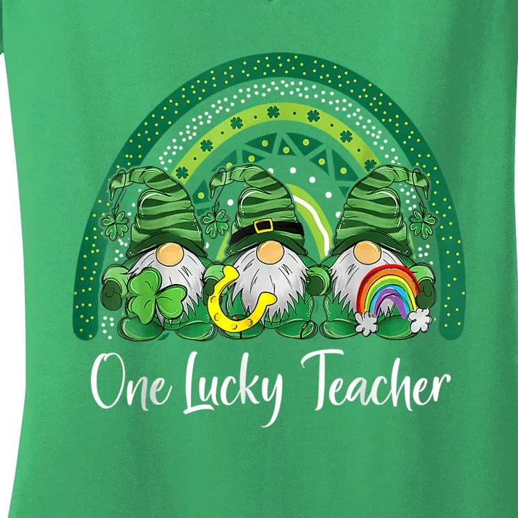 One Lucky Teacher Gnomes Happy St Patricks Day Rainbow Gnome Women's V-Neck T-Shirt