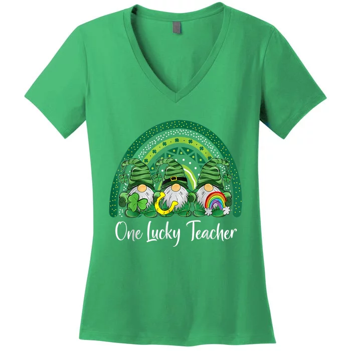 One Lucky Teacher Gnomes Happy St Patricks Day Rainbow Gnome Women's V-Neck T-Shirt