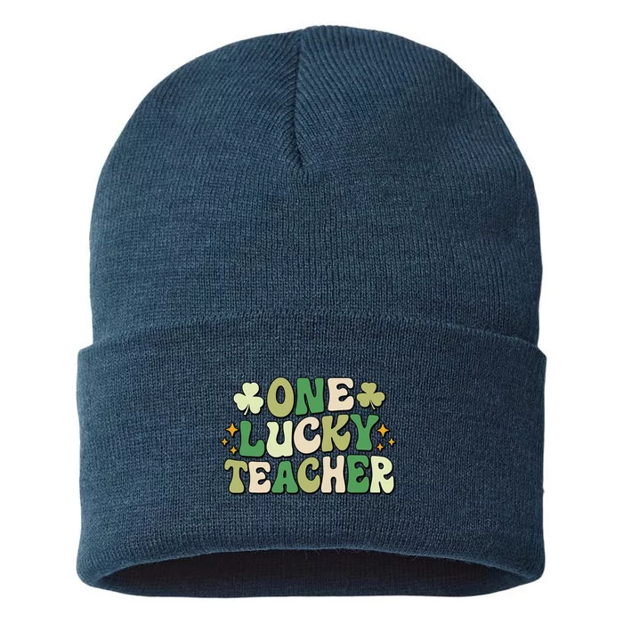 One Lucky Teacher Groovy Retro Teacher St Patrick's Day Sustainable Knit Beanie