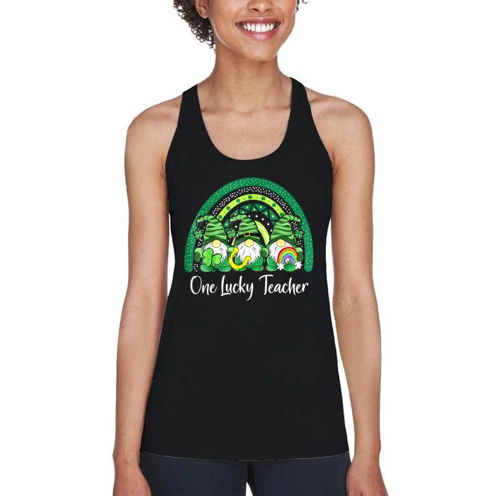 One Lucky Teacher Gnomes Happy St Patricks Day Rainbow Gnome Women's Racerback Tank