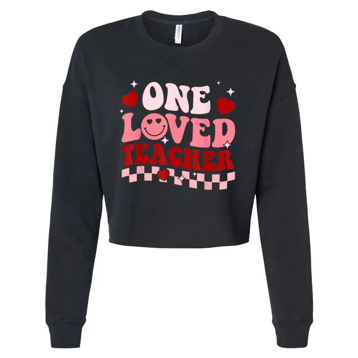 One Loved Teacher Groovy Retro Happy Valentines Day Boy Girl Cropped Pullover Crew