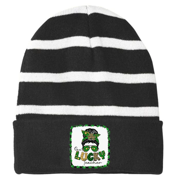 One Lucky teacher Messy Bun St Patrick's Day Funny Striped Beanie with Solid Band