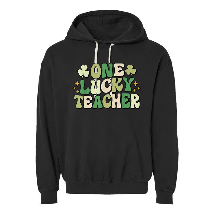 One Lucky Teacher Groovy Retro Teacher St Patrick's Day Garment-Dyed Fleece Hoodie