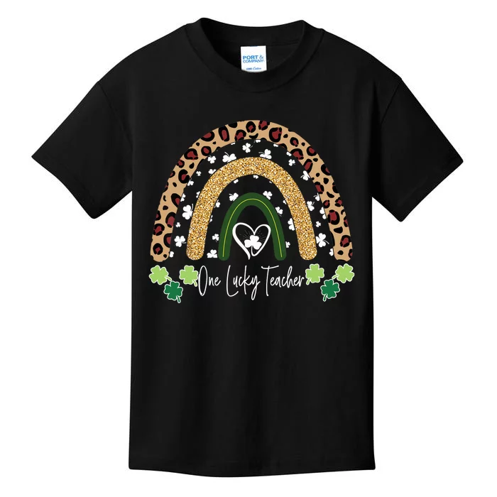 One Lucky Teacher St Patrick’s Day Shamrock Rainbow Leopard Kids T-Shirt