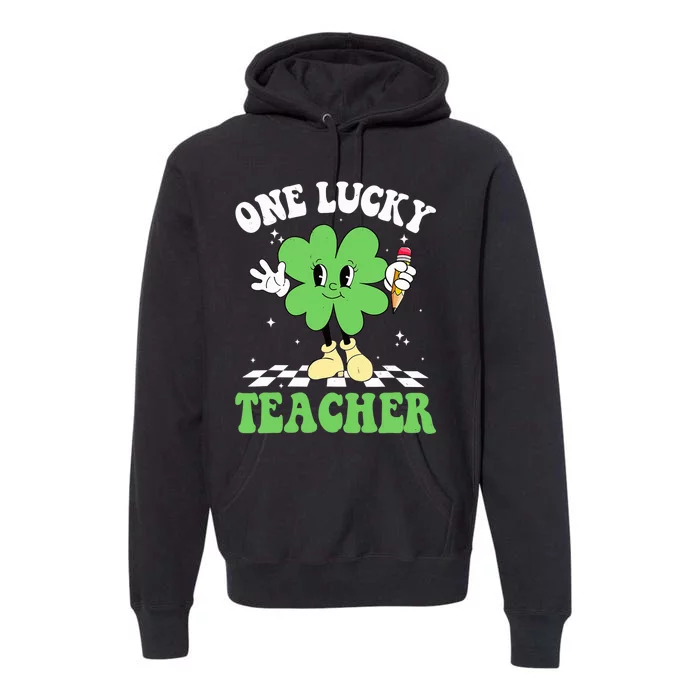 One Lucky Teacher Retro Groovy Shamrock St Patricks Day Premium Hoodie