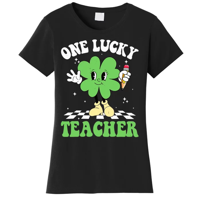 One Lucky Teacher Retro Groovy Shamrock St Patricks Day Women's T-Shirt