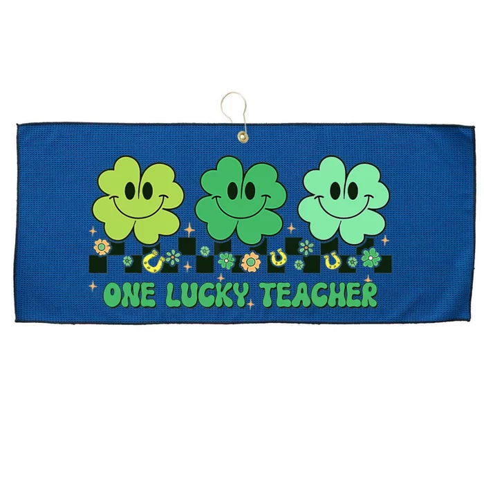 One Lucky Teacher Shamrock St Patrick's Day Groovy Retro Large Microfiber Waffle Golf Towel