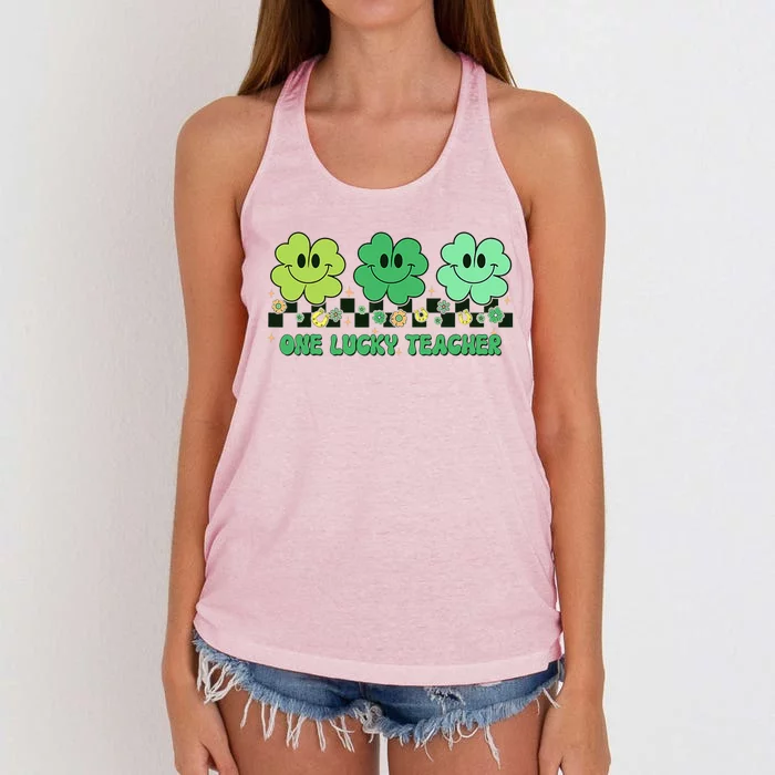 One Lucky Teacher Shamrock St Patrick's Day Groovy Retro Women's Knotted Racerback Tank