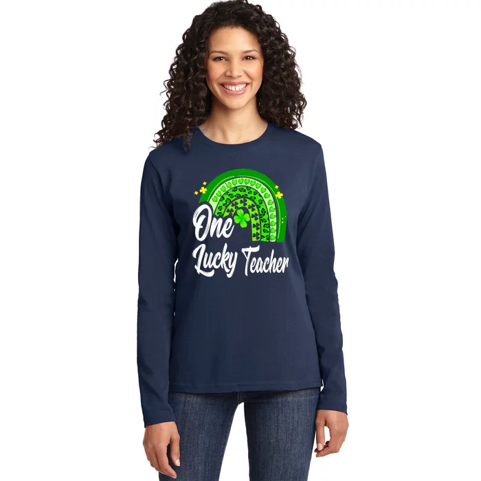 One Lucky Teacher Rainbow Leopard St Patrick’s Day Ladies Long Sleeve Shirt