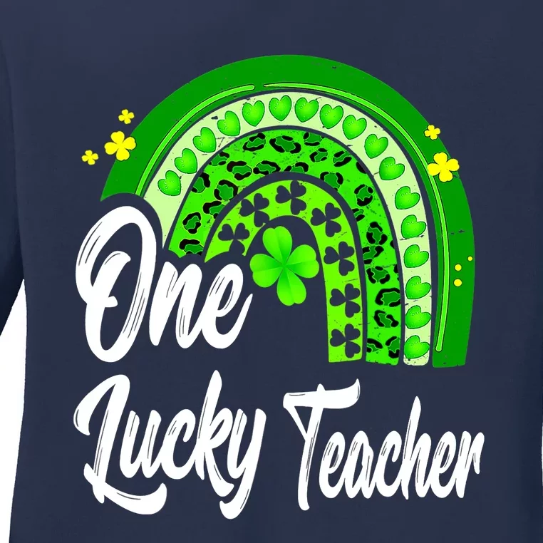 One Lucky Teacher Rainbow Leopard St Patrick’s Day Ladies Long Sleeve Shirt