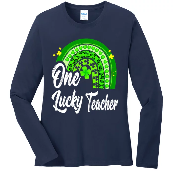 One Lucky Teacher Rainbow Leopard St Patrick’s Day Ladies Long Sleeve Shirt