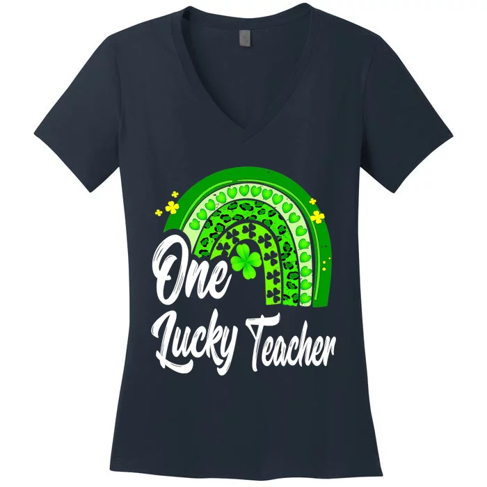 One Lucky Teacher Rainbow Leopard St Patrick’s Day Women's V-Neck T-Shirt