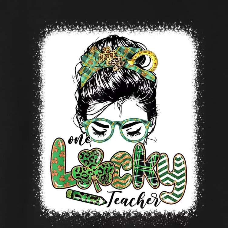 One Lucky Teacher Funny St Patricks Day Messy Bun Women's Crop Top Tee