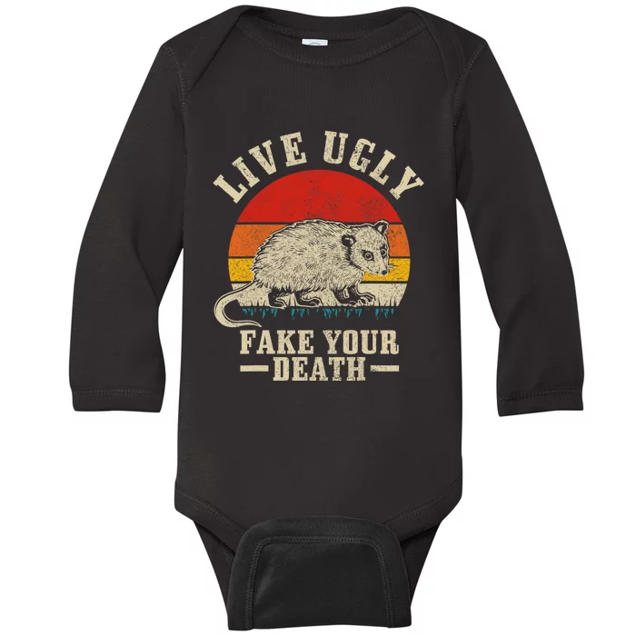 Opossum Live Ugly Fake Your Death Vintage Funny Opossum Baby Long Sleeve Bodysuit