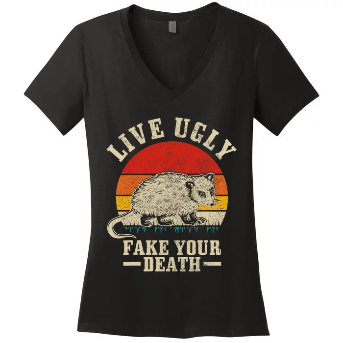 Opossum Live Ugly Fake Your Death Vintage Funny Opossum Women's V-Neck T-Shirt