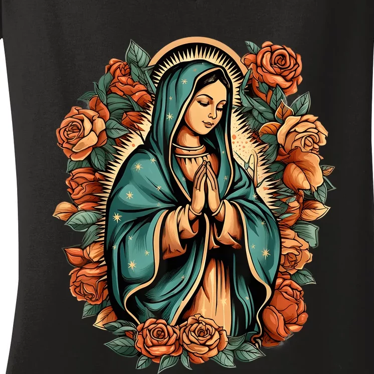 Our Lady Virgen De Guadalupe Virgin Mary Catholic Saint Art Women's V-Neck T-Shirt