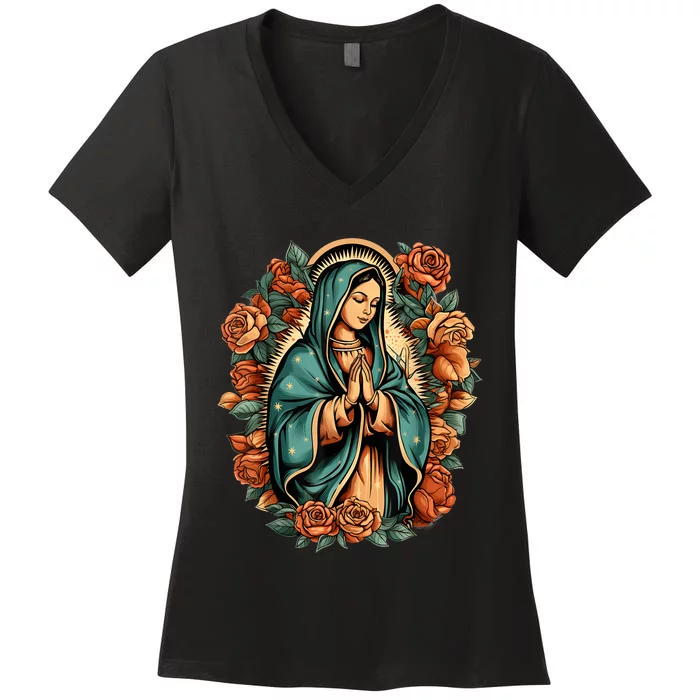 Our Lady Virgen De Guadalupe Virgin Mary Catholic Saint Art Women's V-Neck T-Shirt