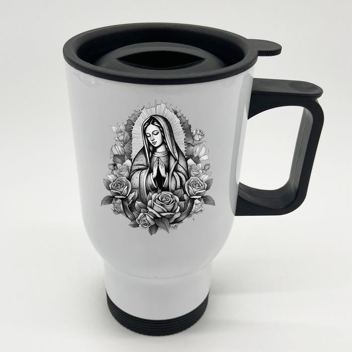 Our Lady Virgen De Guadalupe Virgin Mary Floral Zip Hoodie Front & Back Stainless Steel Travel Mug