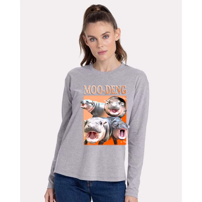 Orange Moo Deng Meme Hippo Womens Cotton Relaxed Long Sleeve T-Shirt