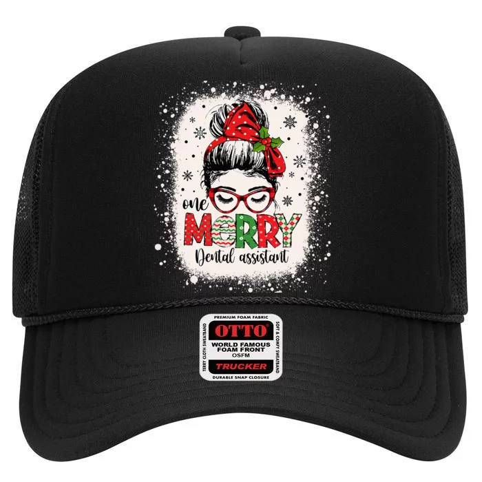 One Merry Dental Assistant Messy Bun Dental Nurse Christmas High Crown Mesh Trucker Hat