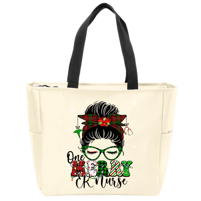 One Merry Er Nurse Buffalo Plaid Messy Bun Christmas Nurse Gift Zip Tote Bag