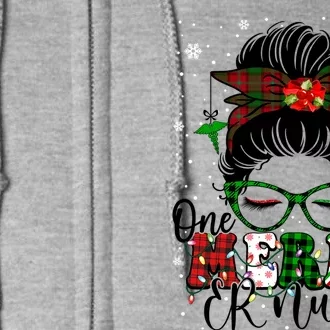 One Merry Er Nurse Buffalo Plaid Messy Bun Christmas Nurse Gift Full Zip Hoodie