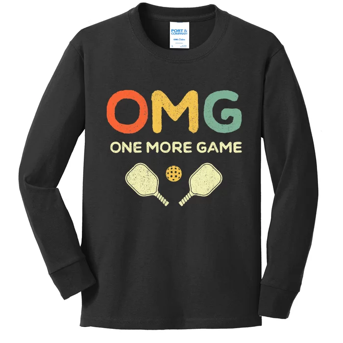 One More Game OMG Retro Funny Pickleball Lover Pickle Ball Kids Long Sleeve Shirt