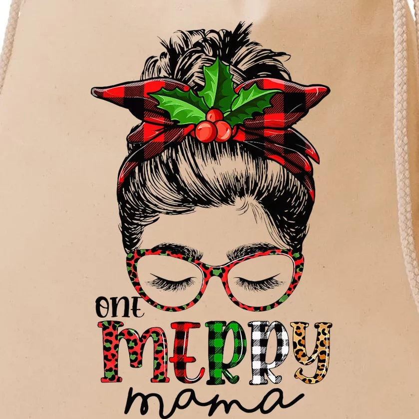 One Merry Mama Mom Messy Bun Family Christmas Drawstring Bag