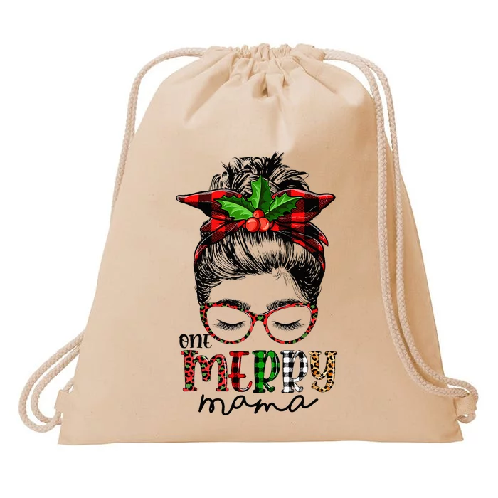 One Merry Mama Mom Messy Bun Family Christmas Drawstring Bag