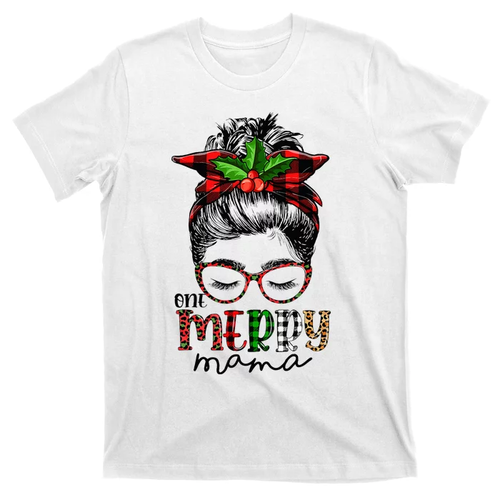 One Merry Mama Mom Messy Bun Family Christmas T-Shirt