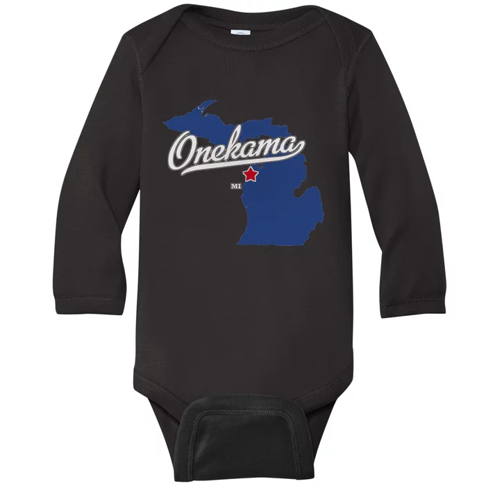 Onekama Michigan MI Map Baby Long Sleeve Bodysuit