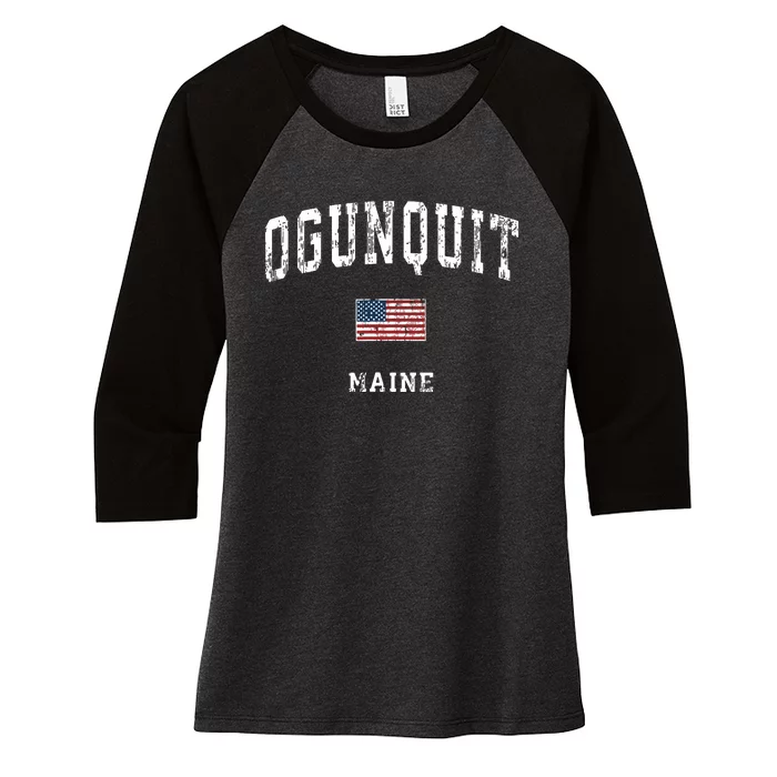 Ogunquit Maine Me Vintage American Flag Sports Design Women's Tri-Blend 3/4-Sleeve Raglan Shirt