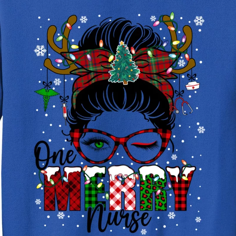 One Merry Nurse Leopard Messy Bun Christmas Love Nurse Life Meaningful Gift Tall Sweatshirt