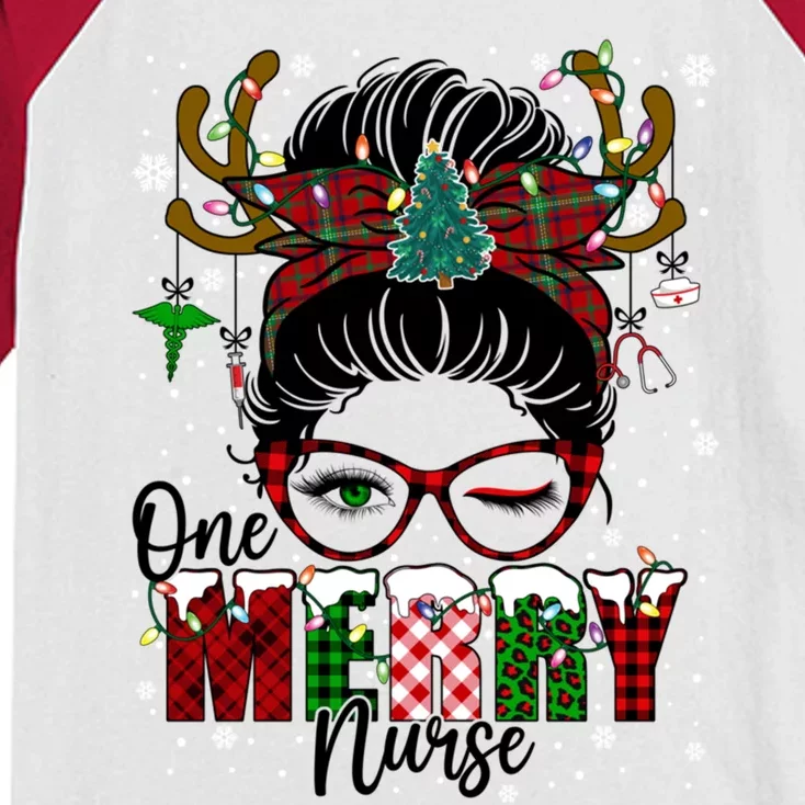 One Merry Nurse Leopard Messy Bun Christmas Love Nurse Life Meaningful Gift Kids Colorblock Raglan Jersey