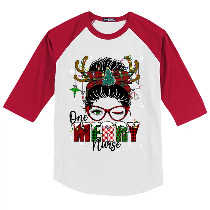 One Merry Nurse Leopard Messy Bun Christmas Love Nurse Life Meaningful Gift Kids Colorblock Raglan Jersey