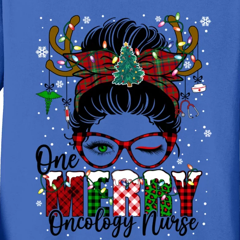 One Merry Oncology Nurse Messy Bun Christmas Love Nurse Life Gift Kids Long Sleeve Shirt