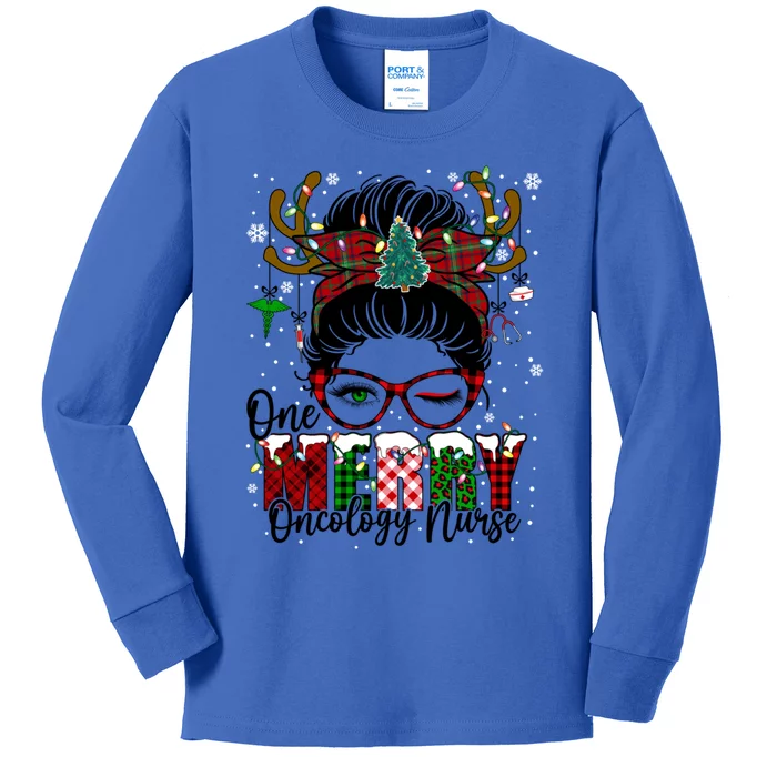 One Merry Oncology Nurse Messy Bun Christmas Love Nurse Life Gift Kids Long Sleeve Shirt