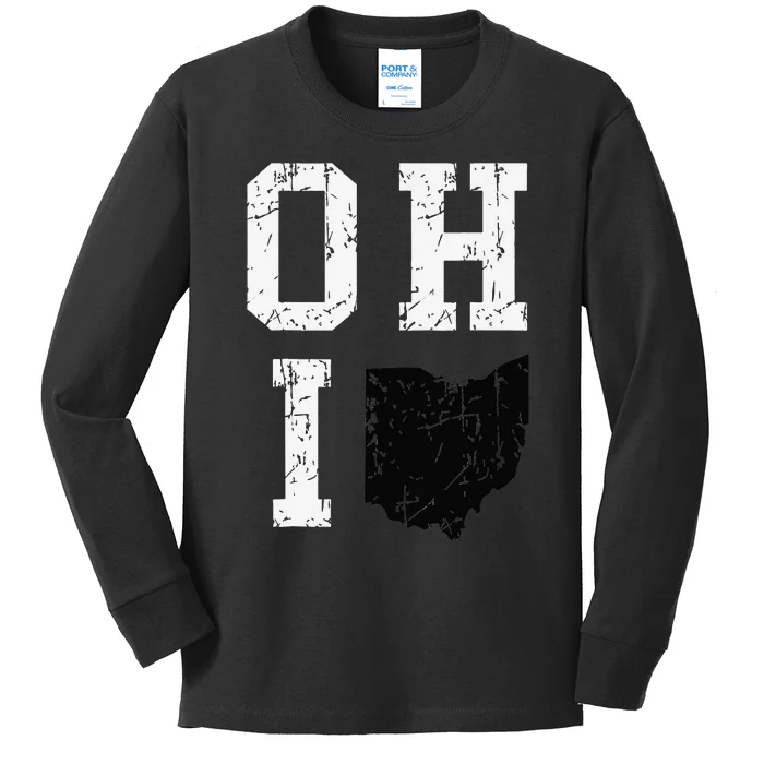 Ohio Map OH Home Shape State Vintage Grunge Kids Long Sleeve Shirt