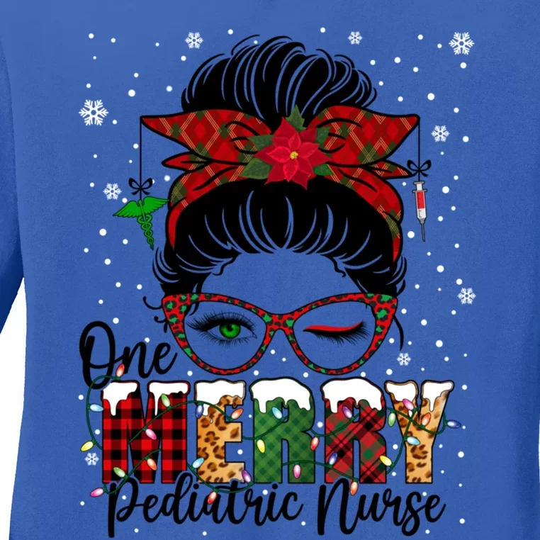 One Merry Pediatric Nurse Messy Bun Xmas Love Nurse Life Gift Ladies Long Sleeve Shirt