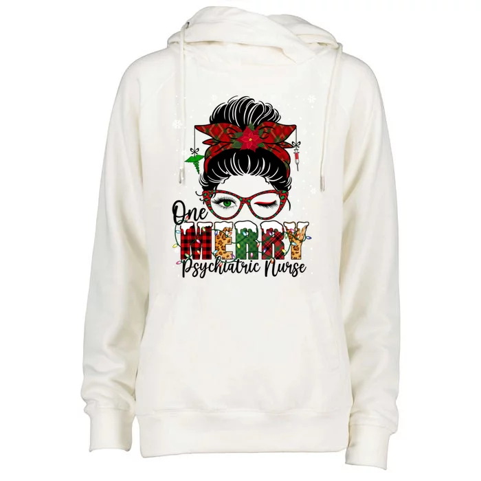 One Merry Psychiatric Nurse Messy Bun Xmas Love Nurse Life Gift Womens Funnel Neck Pullover Hood