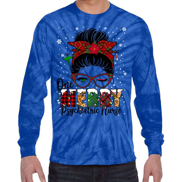 One Merry Psychiatric Nurse Messy Bun Xmas Love Nurse Life Gift Tie-Dye Long Sleeve Shirt