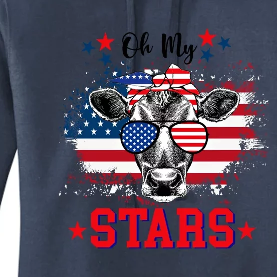 Oh My Stars Cow Highland Heifer 4th Of July American Flag Gift Women's Pullover Hoodie