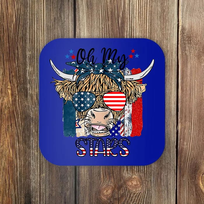 Oh My Stars Cow Highland Cow With 4th July American Flag Cute Gift Coaster